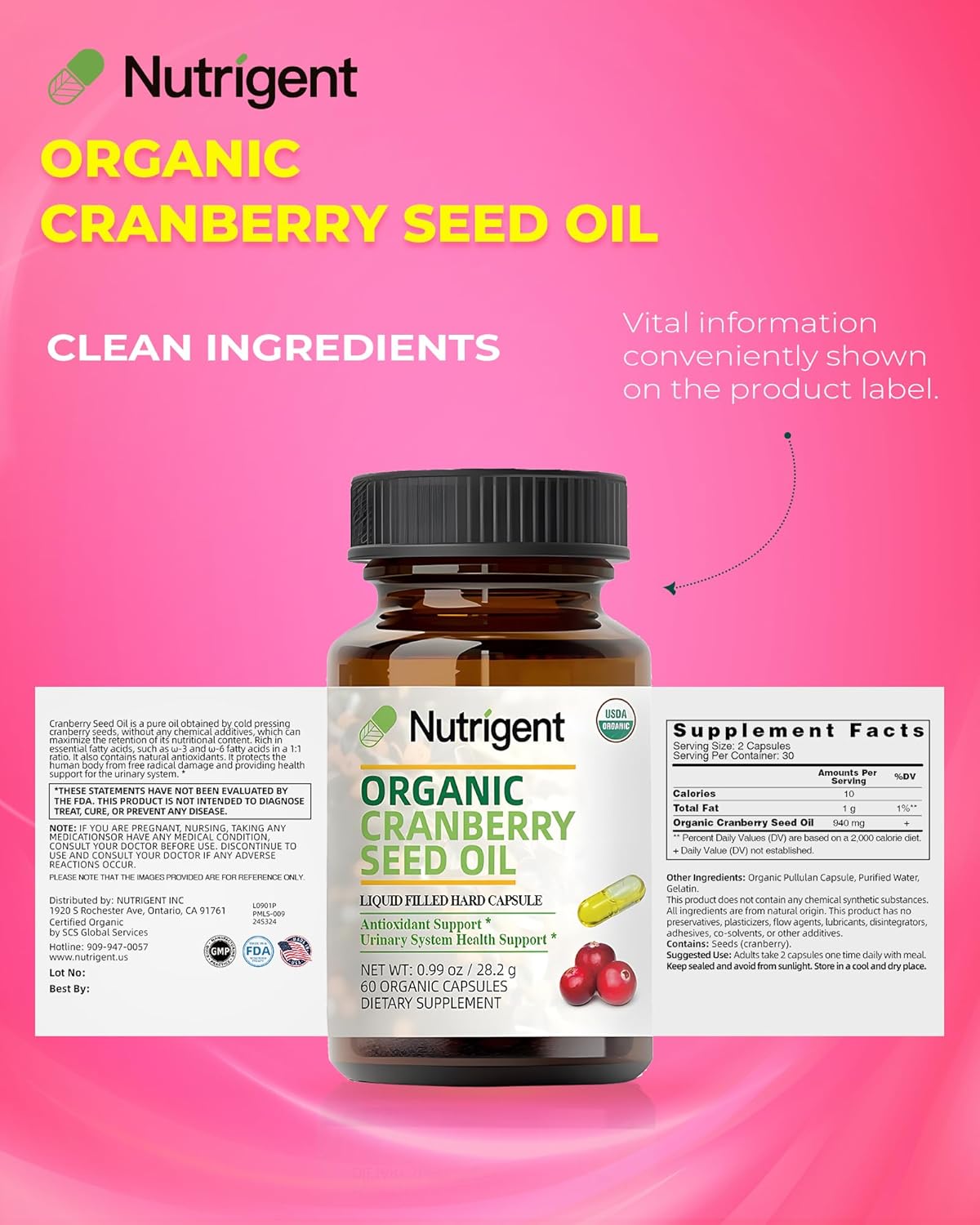 Organic Cranberry Seed Oil Capsules 940mg - Omega 3-6-9 Fatty Acids for Urinary & Skin Health - 60 ct