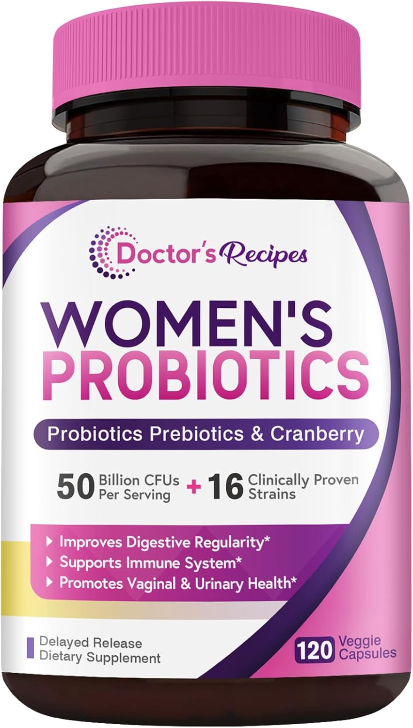 Organic Cranberry Women’s Probiotic Capsules, 120 Count, 50 Billion CFU, 16 Strains for Digestive, Immune, Vaginal & Urinary Health, Shelf Stable with Delayed Release Technology, Gluten-Free Dairy-Free Soy-Free