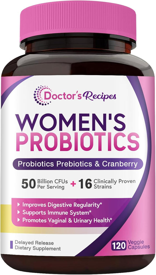 Organic Cranberry Women’s Probiotic Capsules, 120 Count, 50 Billion CFU, 16 Strains for Digestive, Immune, Vaginal & Urinary Health, Shelf Stable with Delayed Release Technology, Gluten-Free Dairy-Free Soy-Free