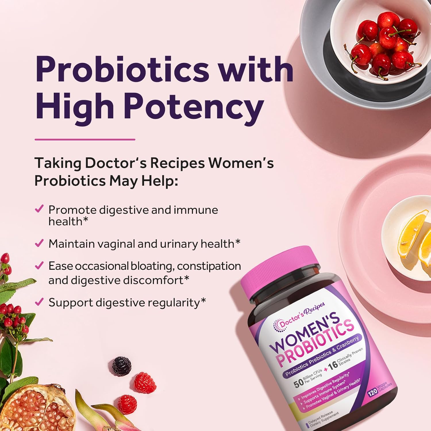 Organic Cranberry Women’s Probiotic Capsules, 120 Count, 50 Billion CFU, 16 Strains for Digestive, Immune, Vaginal & Urinary Health, Shelf Stable with Delayed Release Technology, Gluten-Free Dairy-Free Soy-Free