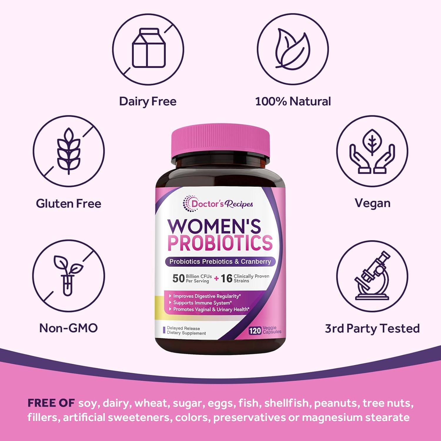 Organic Cranberry Women’s Probiotic Capsules, 120 Count, 50 Billion CFU, 16 Strains for Digestive, Immune, Vaginal & Urinary Health, Shelf Stable with Delayed Release Technology, Gluten-Free Dairy-Free Soy-Free
