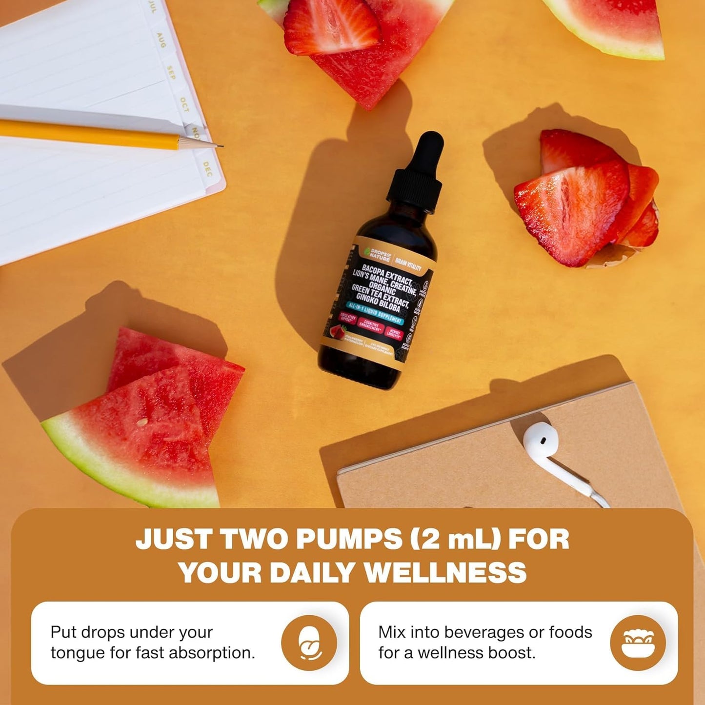 Organic Creatine & Bacopa Liquid Drops with Lion’s Mane, Green Tea & Ginkgo Biloba - Enhanced Absorption for Focus & Cognition - Vegan Strawberry Watermelon Supplement - 60mL