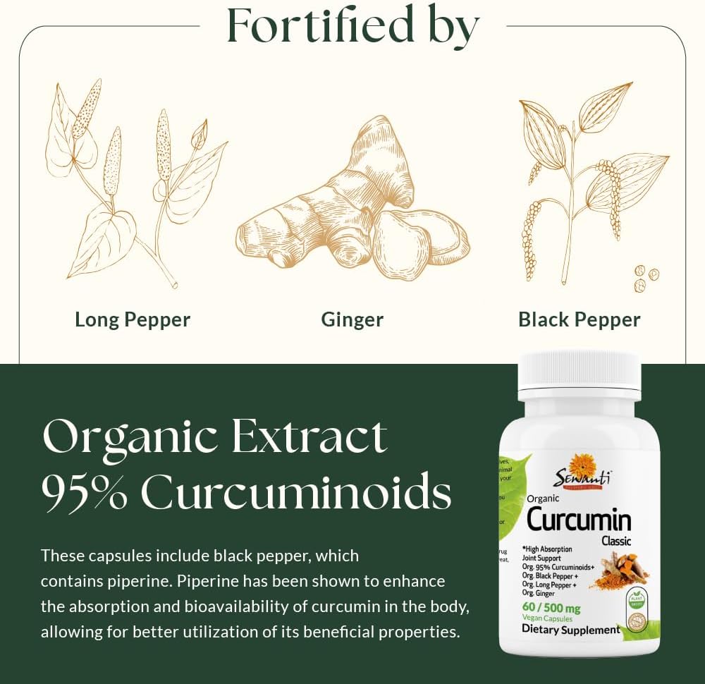 Organic Curcumin Extract 95% with Black Pepper, Long Pepper, and Ginger - 60 Vegan Capsules by Sewanti