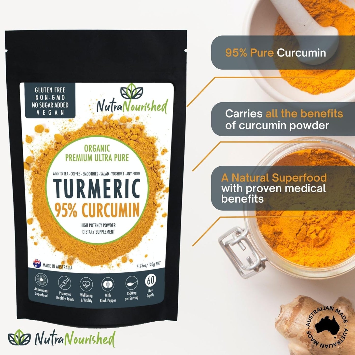Organic Curcumin Supplement with High Potency Turmeric Extract - 1500mg with Black Pepper - Joint Support, Immune Booster - 60g
