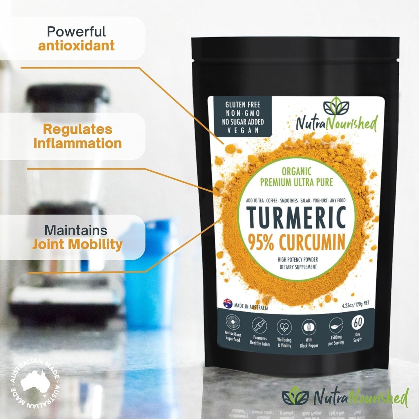 Organic Curcumin Supplement with High Potency Turmeric Extract - 1500mg with Black Pepper - Joint Support, Immune Booster - 60g