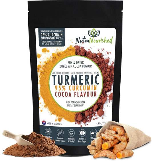 Organic Curcumin Turmeric Extract Powder with Cocoa & Black Pepper - Vegan, Non-GMO, Gluten Free - Antioxidant Rich Supplement with Piperine & Cocoa Oil - 125g