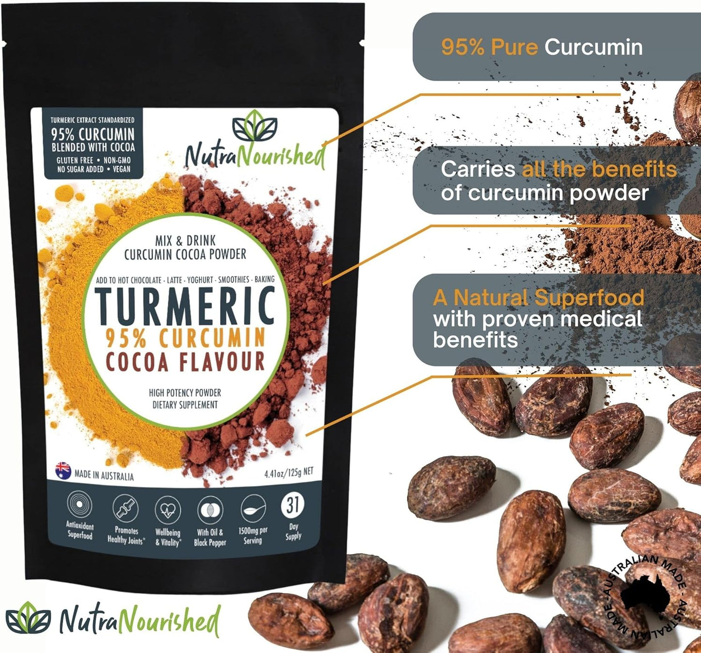 Organic Curcumin Turmeric Extract Powder with Cocoa & Black Pepper - Vegan, Non-GMO, Gluten Free - Antioxidant Rich Supplement with Piperine & Cocoa Oil - 125g