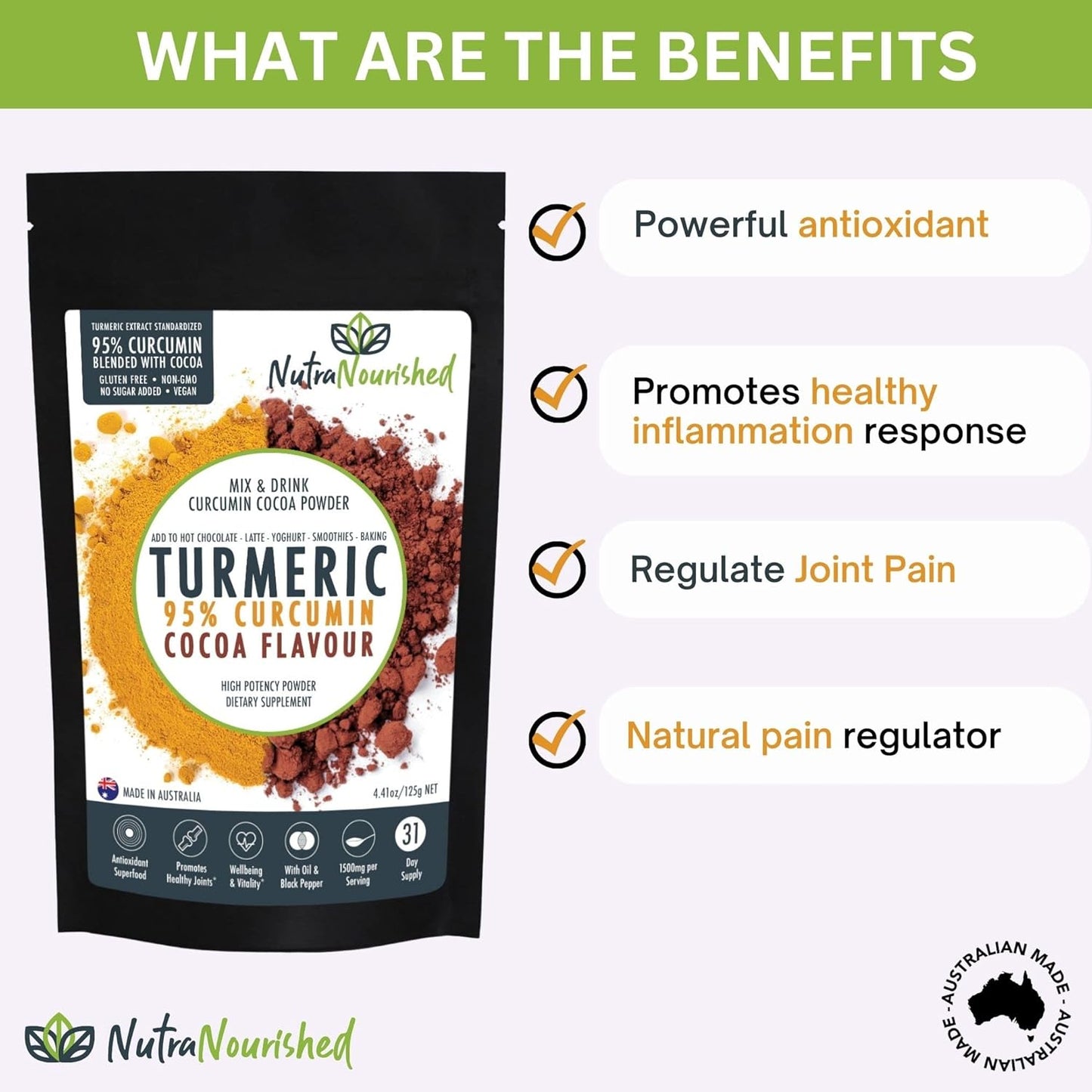Organic Curcumin Turmeric Extract Powder with Cocoa & Black Pepper - Vegan, Non-GMO, Gluten Free - Antioxidant Rich Supplement with Piperine & Cocoa Oil - 125g