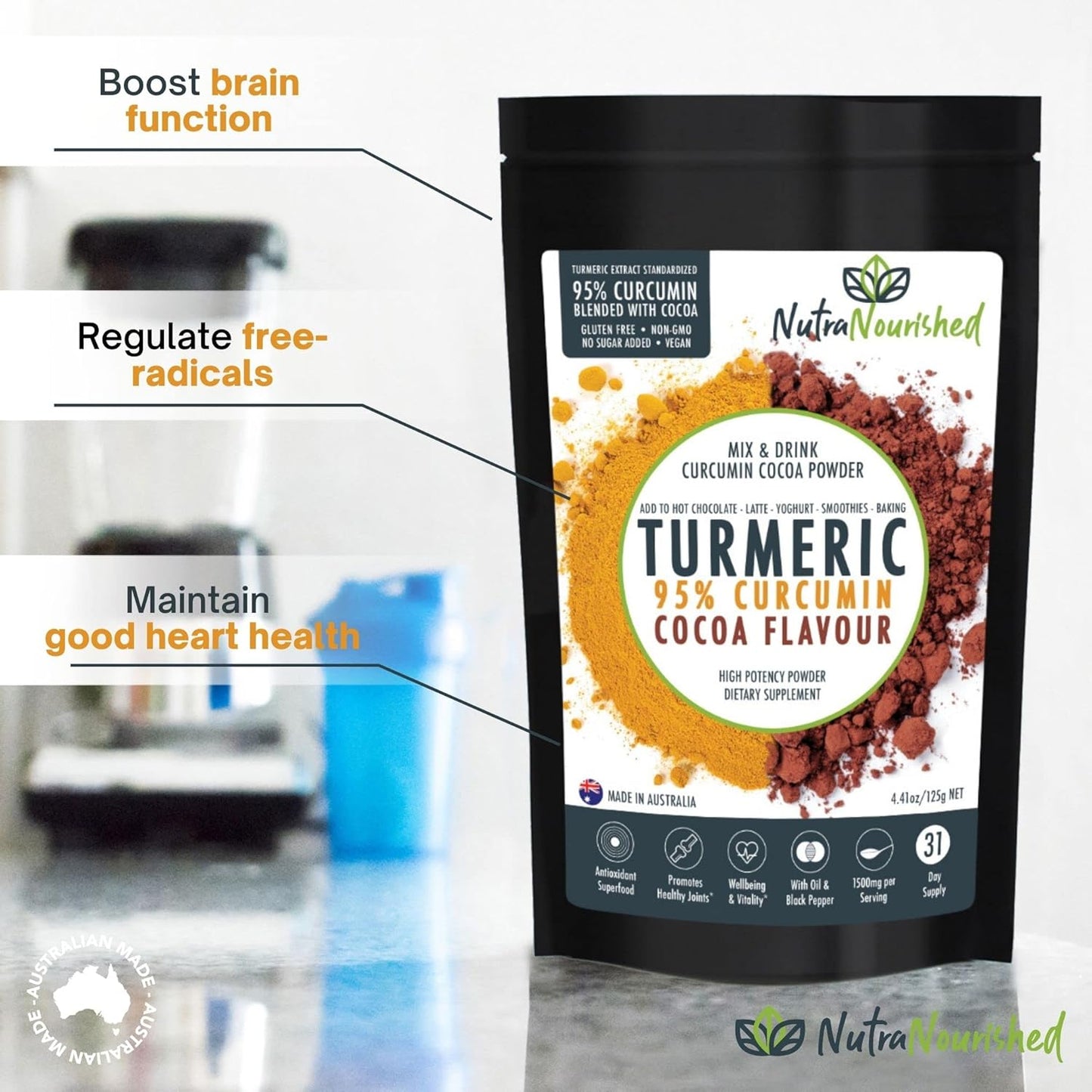 Organic Curcumin Turmeric Extract Powder with Cocoa & Black Pepper - Vegan, Non-GMO, Gluten Free - Antioxidant Rich Supplement with Piperine & Cocoa Oil - 125g