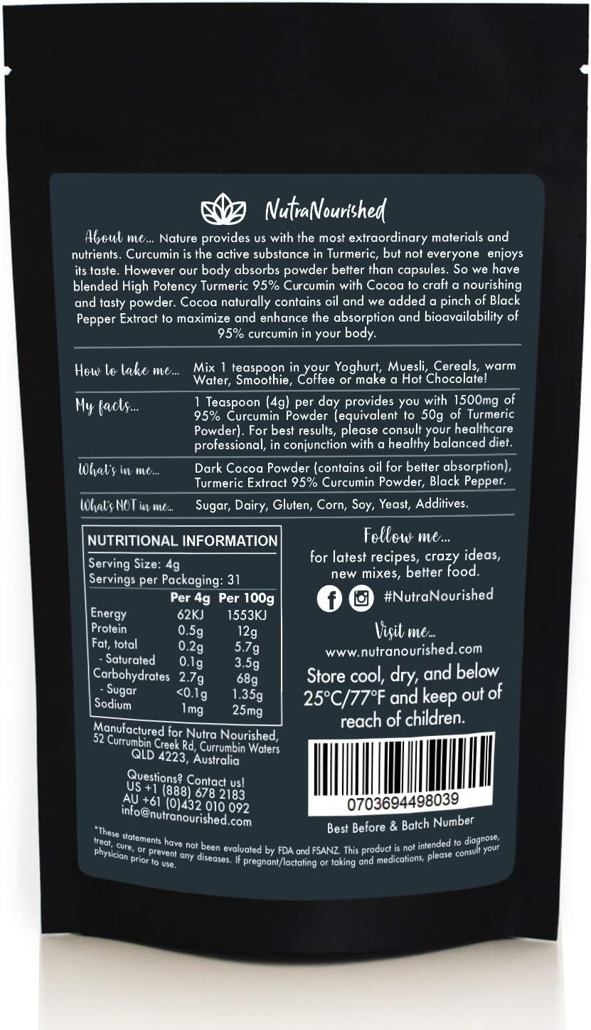 Organic Curcumin Turmeric Extract Powder with Cocoa & Black Pepper - Vegan, Non-GMO, Gluten Free - Antioxidant Rich Supplement with Piperine & Cocoa Oil - 125g