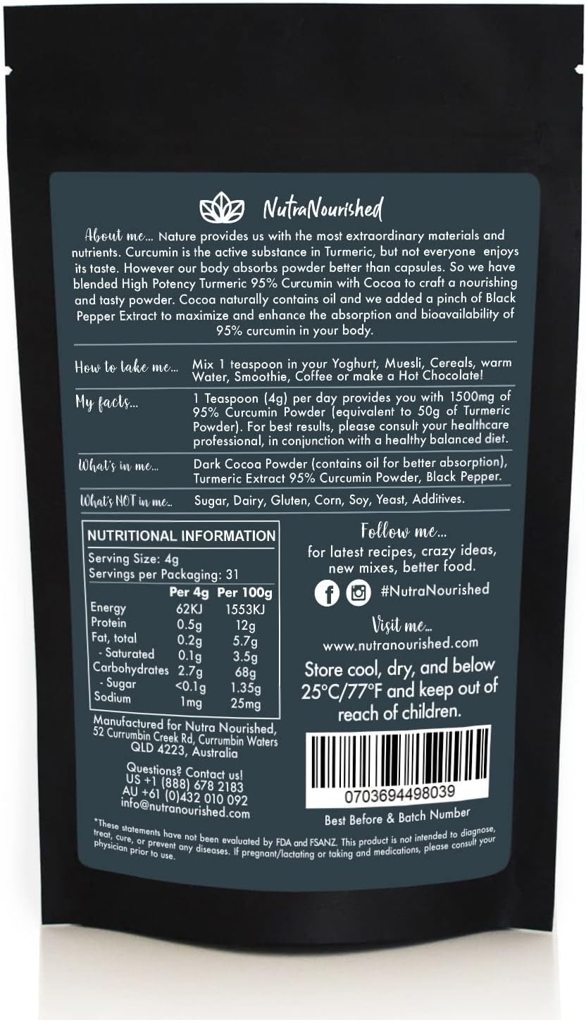 Organic Curcumin Turmeric Extract Powder with Cocoa & Black Pepper - Vegan, Non-GMO, Gluten Free - Antioxidant Rich Supplement with Piperine & Cocoa Oil - 125g