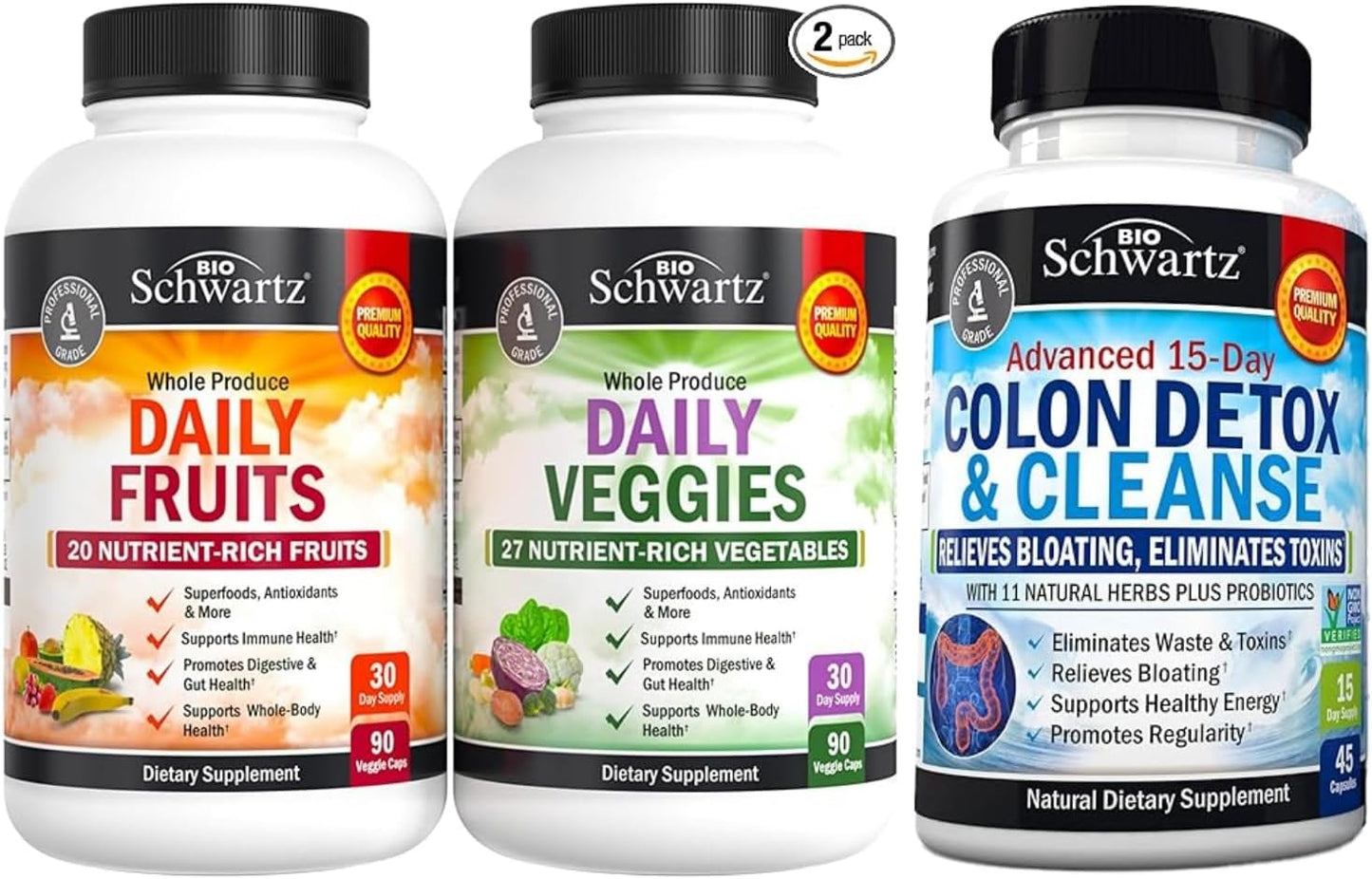 Organic Daily Fruits and Veggies Supplement with 15-Day Colon Cleanse for Women and Men - 1 Month Supply