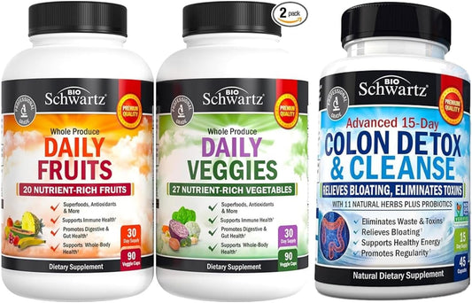 Organic Daily Fruits and Veggies Supplement with 15-Day Colon Cleanse for Women and Men - 1 Month Supply