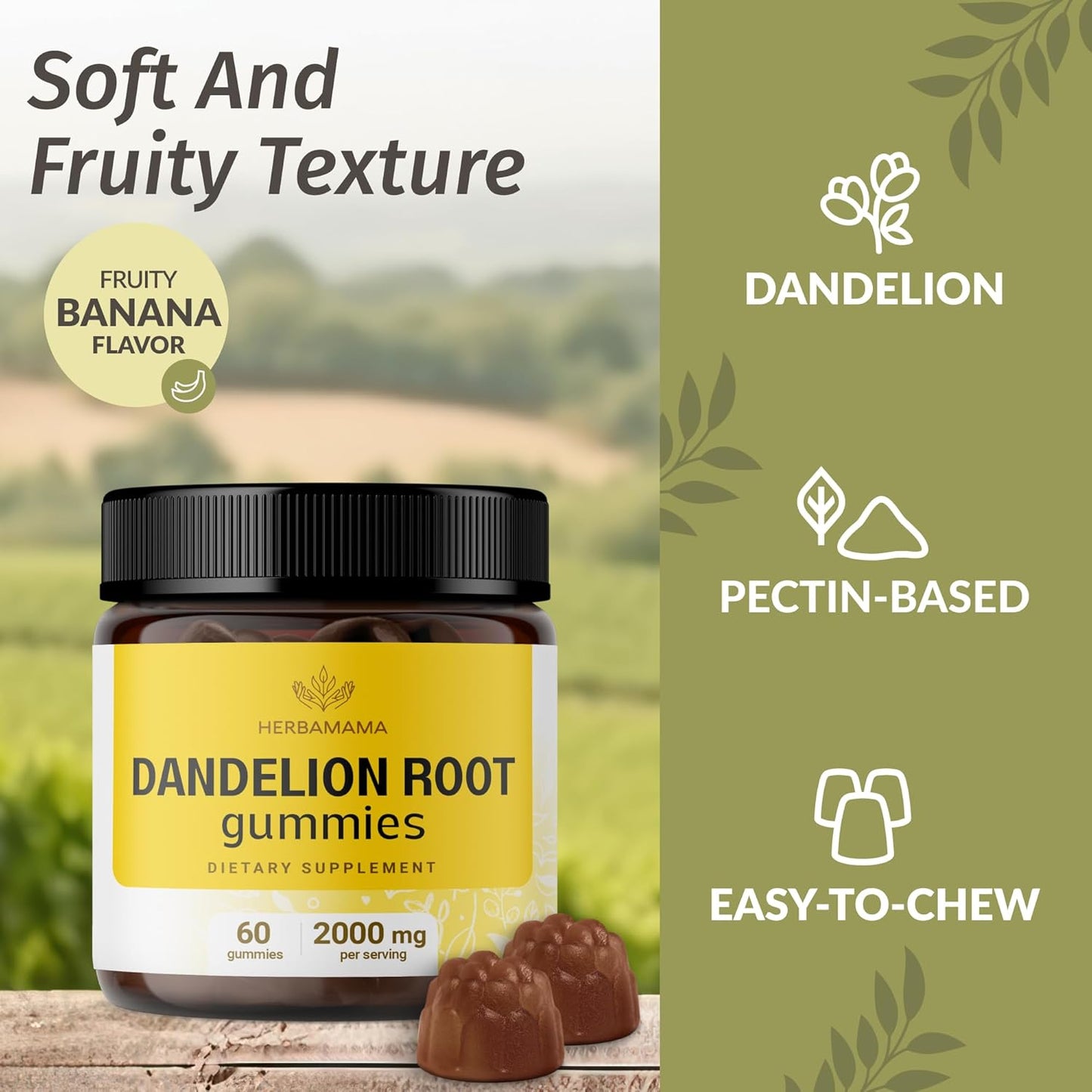 Organic Dandelion Root Gummies - 2000mg Detox & Cleanse for Liver & Kidney - Vegan Liver Support - 60 Banana-Flavored Chews - BoostGo Australia
