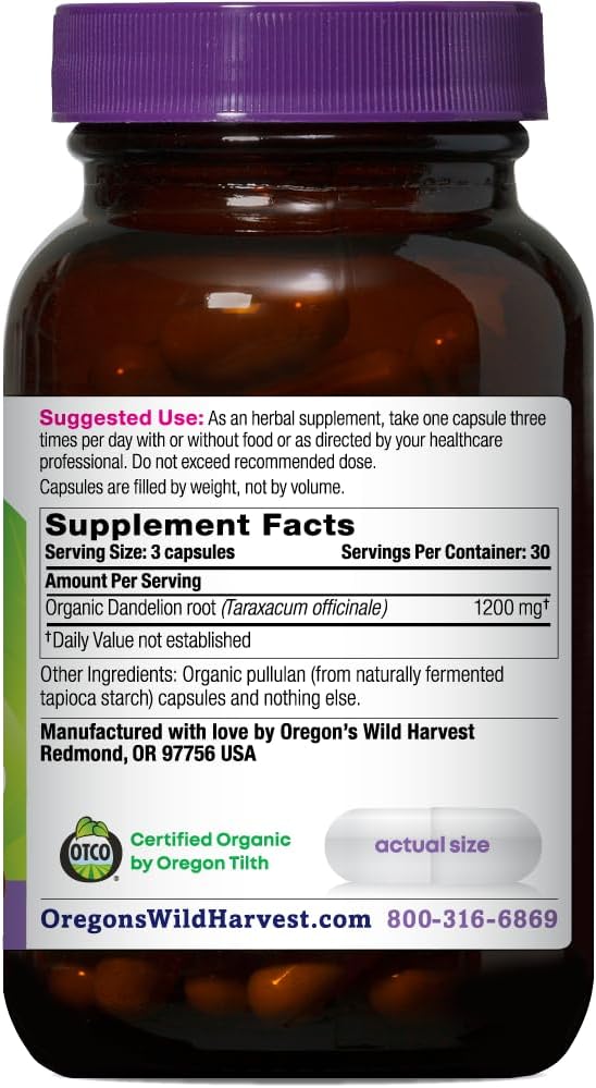 Organic Dandelion Root Supplement by Oregon's Wild Harvest | Herbal Bitter Capsules, 90 count Vegan formula