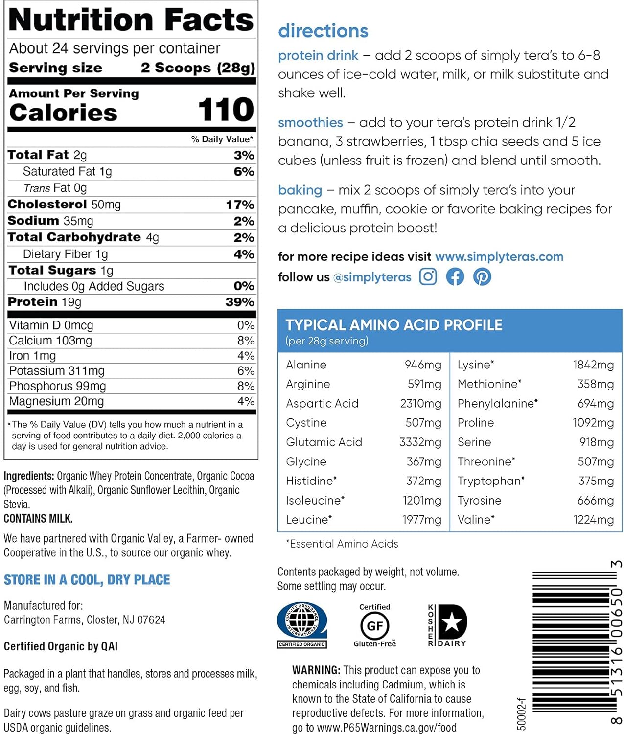 Organic Dark Chocolate Whey Protein by simply tera - 12oz