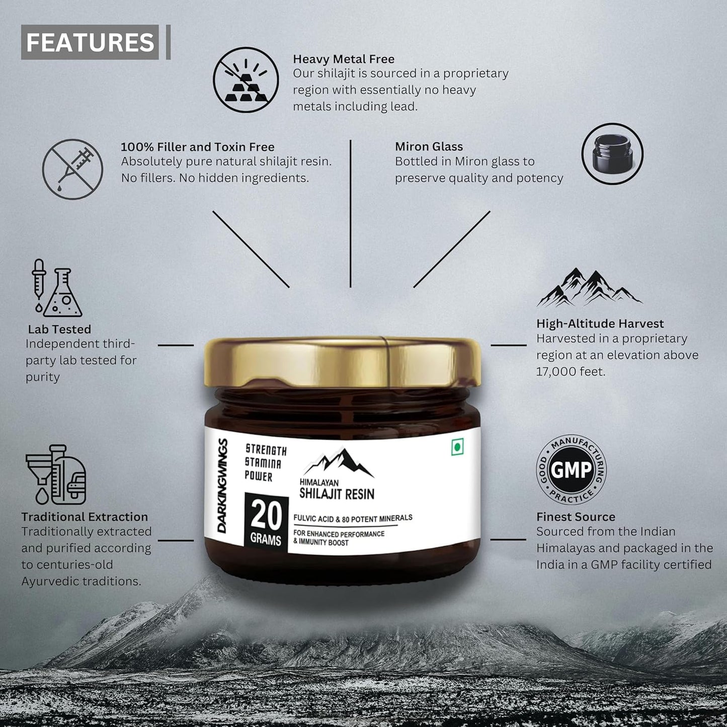Organic Darkingwings 500mg Shilajit Resin Supplement - Pure Himalayan Shilajit with High Potency and 84+ Fulvic Acid