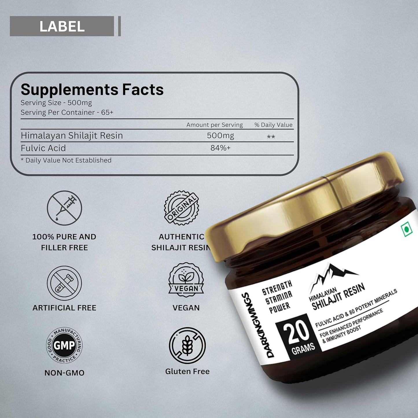 Organic Darkingwings 500mg Shilajit Resin Supplement - Pure Himalayan Shilajit with High Potency and 84+ Fulvic Acid