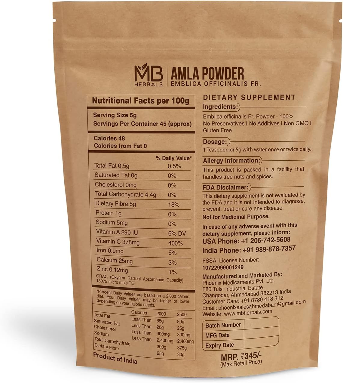 Organic De-Seeded Amla Powder 8 oz - Non-GMO, Gluten-Free, No Preservatives - Amla Berries Powder - Amalaki - 0.5 lb - 227g