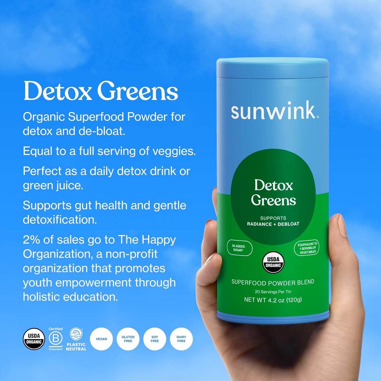 Organic Detox Greens Superfood Powder for Debloat - Daily Greens with Celery, Dandelion, Spirulina - Gentle Detox Powder - 4.2 oz (20 Servings)