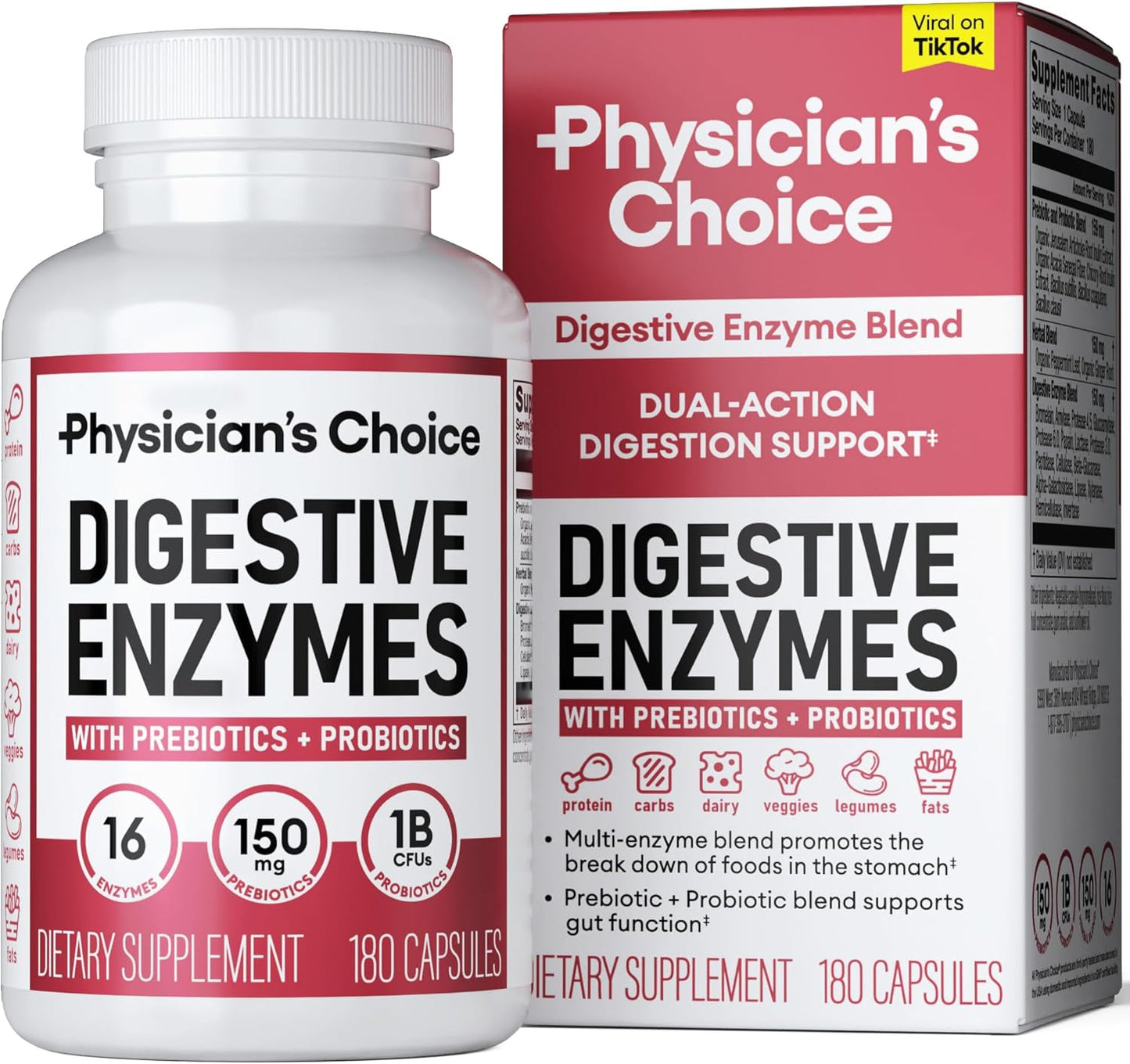 Organic Digestive Enzymes with Prebiotics & Probiotics for Gut Health - 180 CT - Relief for Bloating & Meal Time Discomfort