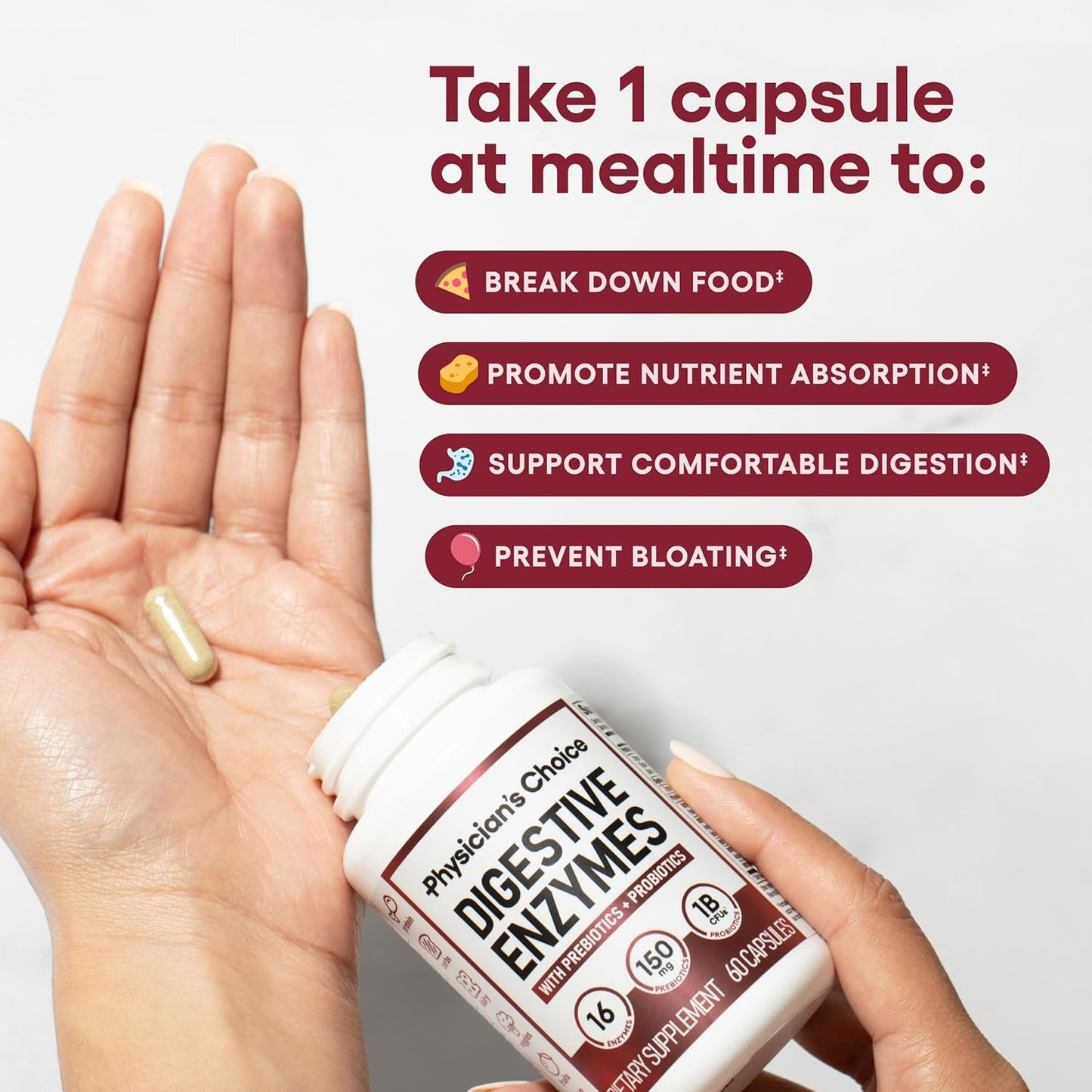 Organic Digestive Enzymes with Prebiotics & Probiotics for Gut Health - 180 CT - Relief for Bloating & Meal Time Discomfort