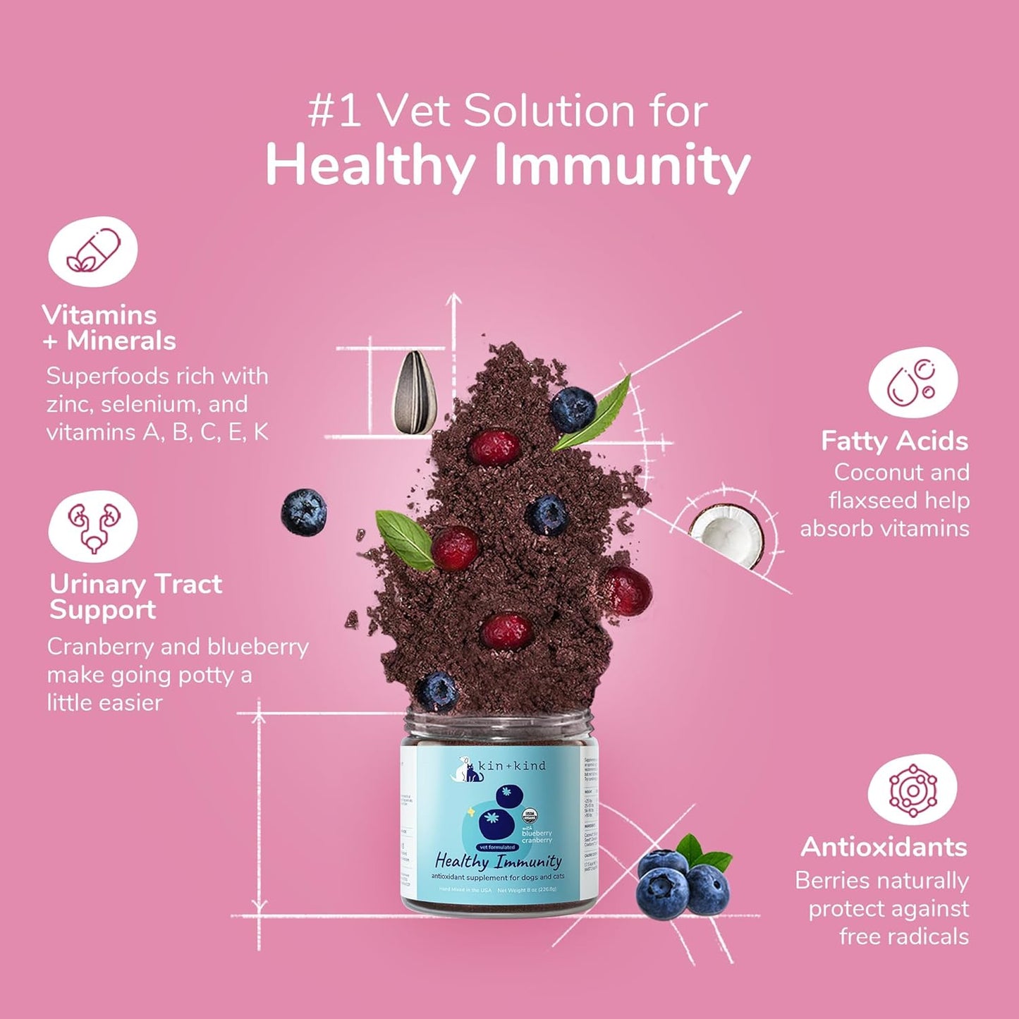 Organic Dog & Cat Supplement Powder for Immune & Bladder Support - Made in USA - Cranberry, Blueberry, Coconut Formula - Large 8oz Size