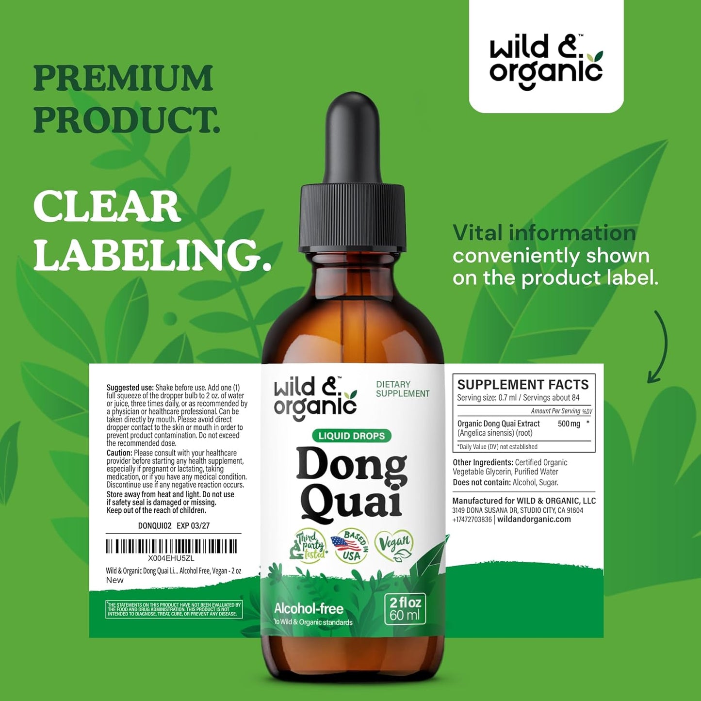 Organic Dong Quai Tincture 500mg - Angelica Root Supplement for Women - Liquid Extract Drops - Sugar & Alcohol-Free - 2 fl oz