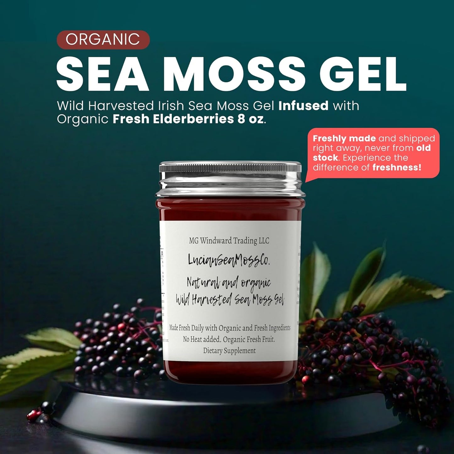 Organic Dr. Sebi Inspired Elderberry Sea Moss Gel with Ginger - Rich in Vitamins & Antioxidants from Saint Lucia (8 oz.)