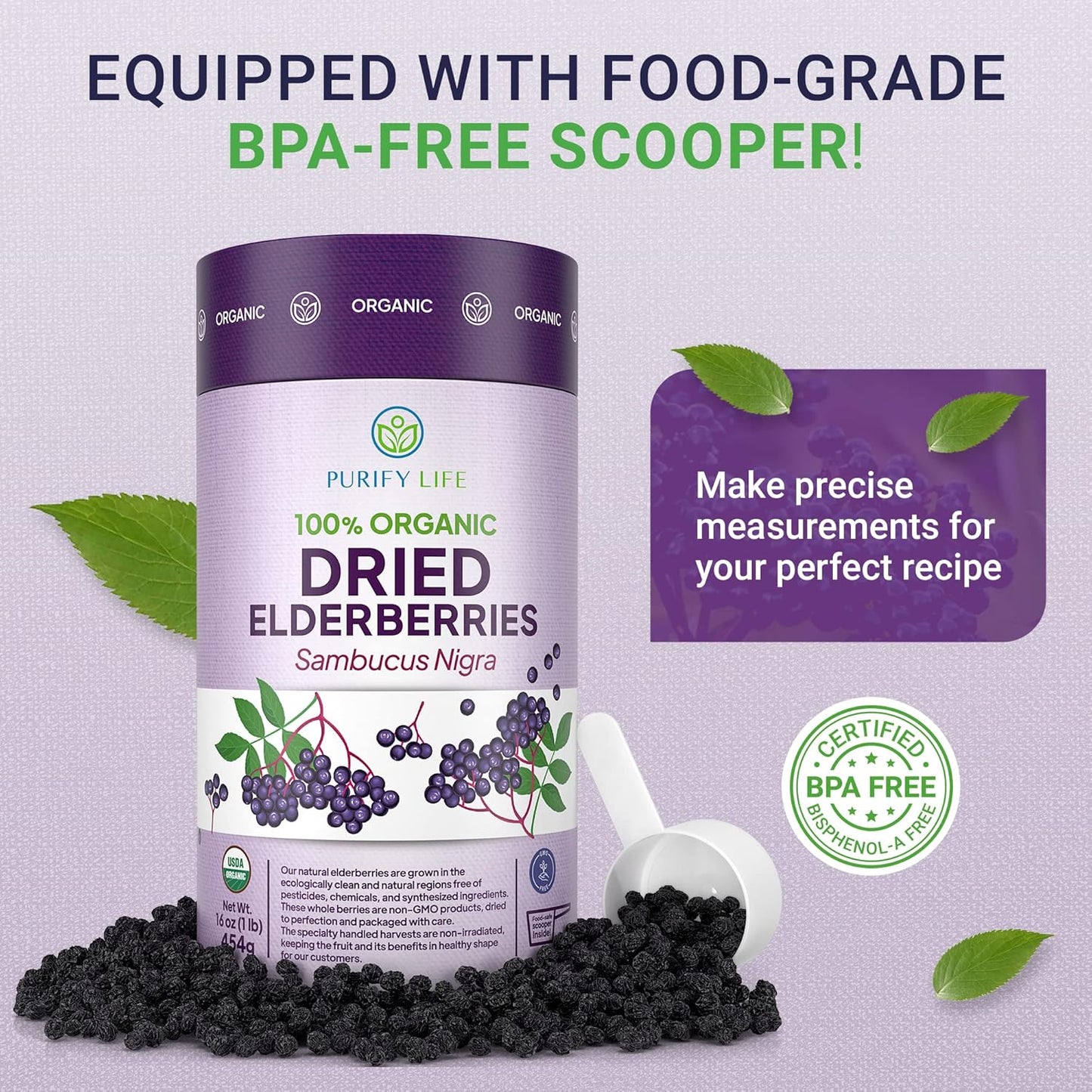 Organic Dried Elderberries 1lb Bulk - Raw Whole Black Elderberry for Immune Support - Non-Irradiated, Resealable Bag, BPA-Free Scoop, Make Sambucus Syrup - BoostGo Australia