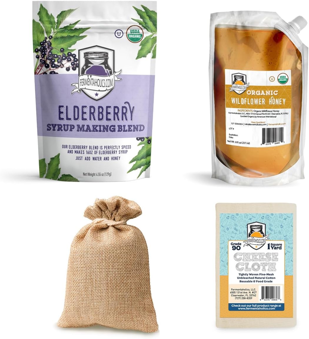 Organic Dried Elderberry Syrup Making Kit with Spice Blend, Honey, and Cheese Cloth - DIY Elderberry Syrup Kit