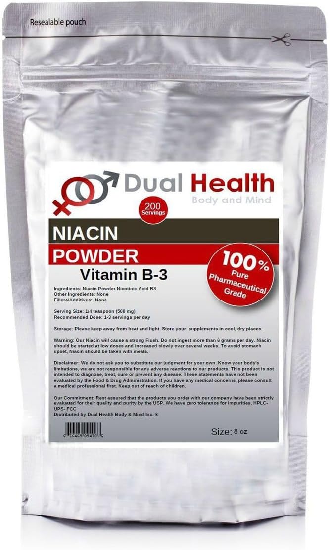 Organic Dual Health Body & Mind Niacin Powder (8 oz) - Immediate Release Vitamin B3 Bulk Supplement - Non-GMO, Vegan, Gluten Free - Fast Absorption & Flush Nicotinic Acid