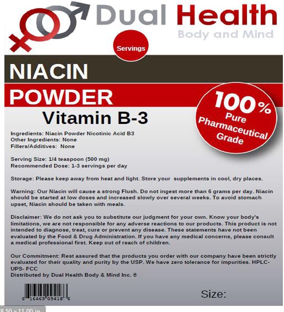 Organic Dual Health Body & Mind Niacin Powder (8 oz) - Immediate Release Vitamin B3 Bulk Supplement - Non-GMO, Vegan, Gluten Free - Fast Absorption & Flush Nicotinic Acid