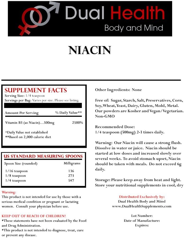 Organic Dual Health Body & Mind Niacin Powder (8 oz) - Immediate Release Vitamin B3 Bulk Supplement - Non-GMO, Vegan, Gluten Free - Fast Absorption & Flush Nicotinic Acid