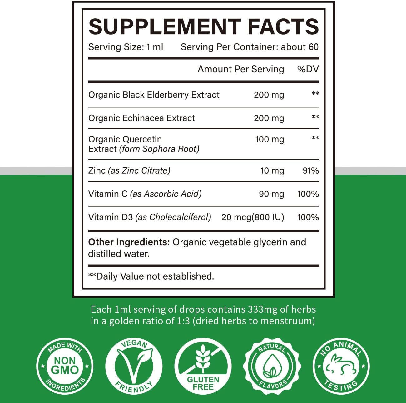 Organic Echinacea Elderberry Immune Defense Drops with Zinc, Quercetin, Vitamin C, D3 - Vegan, Non-GMO, Gluten Free - 2 Fl Oz