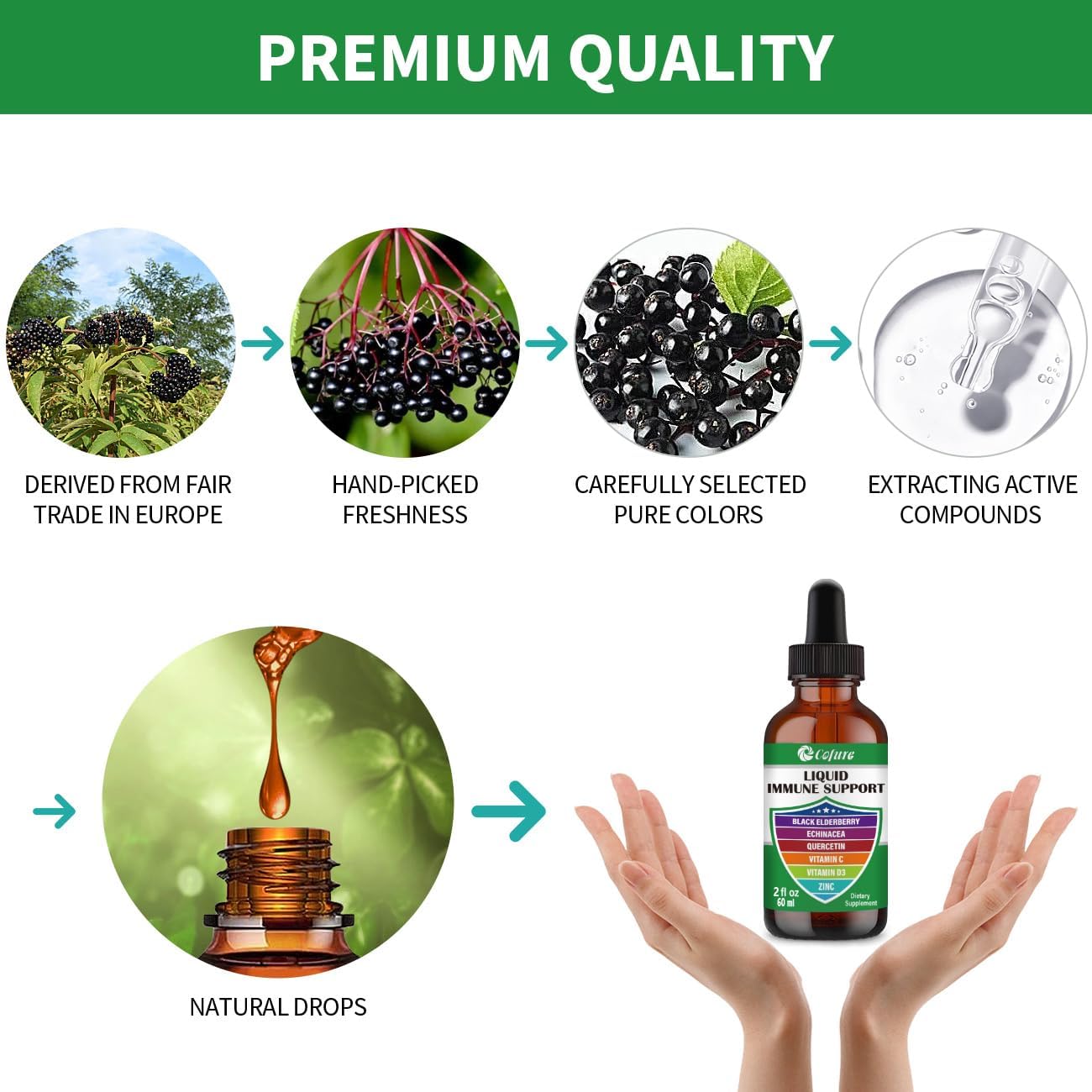 Organic Echinacea Elderberry Immune Defense Drops with Zinc, Quercetin, Vitamin C, D3 - Vegan, Non-GMO, Gluten Free - 2 Fl Oz