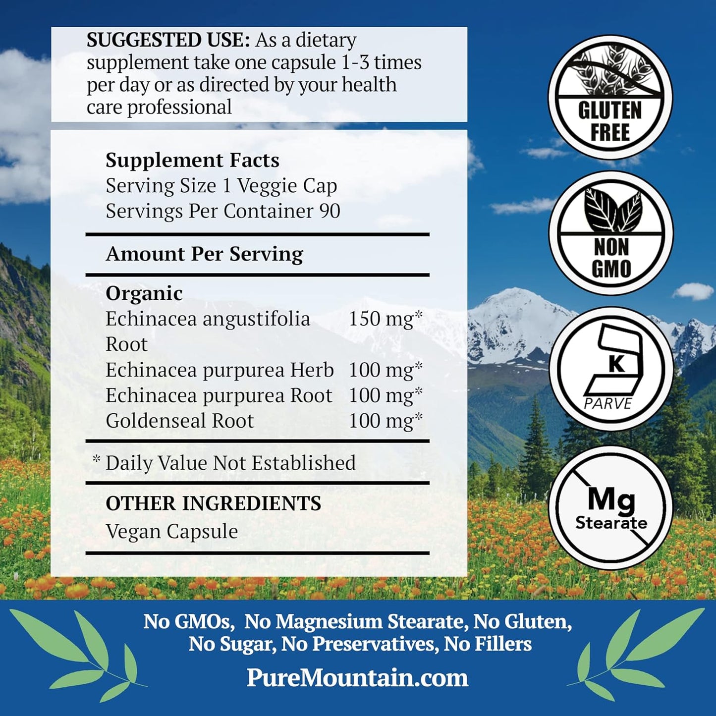 Organic Echinacea Goldenseal Capsules - Kosher Vegan Supplement with 450mg Complex