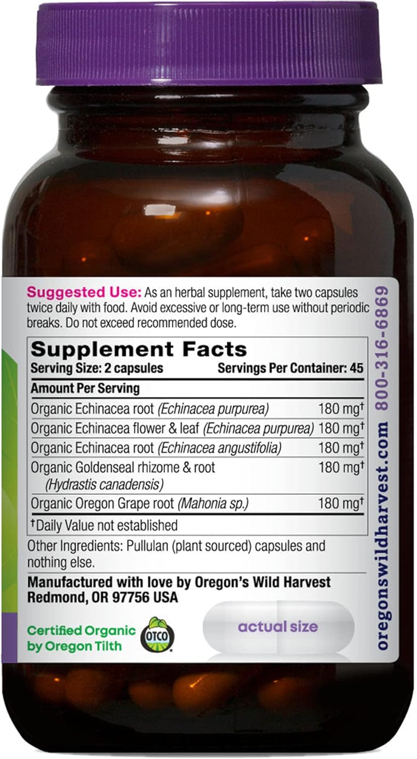 Organic Echinacea Goldenseal Capsules for Immune Support | Vegan, Non-GMO, Gluten-Free | 90 Count by Oregon's Wild Harvest
