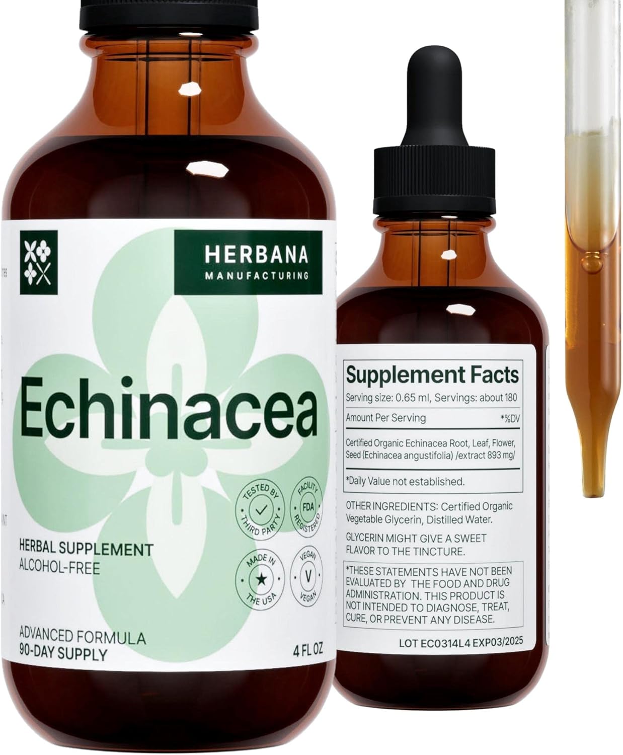 Organic Echinacea Liquid Extract 4 fl oz - Herbal Supplement for Immune Support - High Potency Tincture - 90-Day Supply