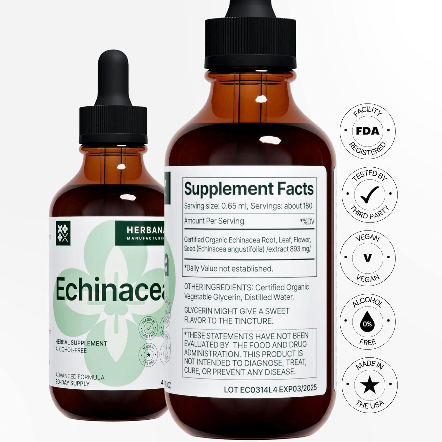 Organic Echinacea Liquid Extract 4 fl oz - Herbal Supplement for Immune Support - High Potency Tincture - 90-Day Supply