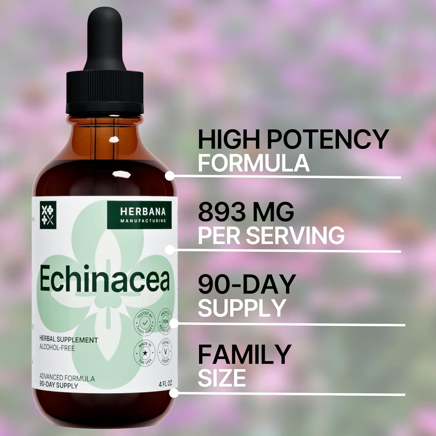 Organic Echinacea Liquid Extract 4 fl oz - Herbal Supplement for Immune Support - High Potency Tincture - 90-Day Supply