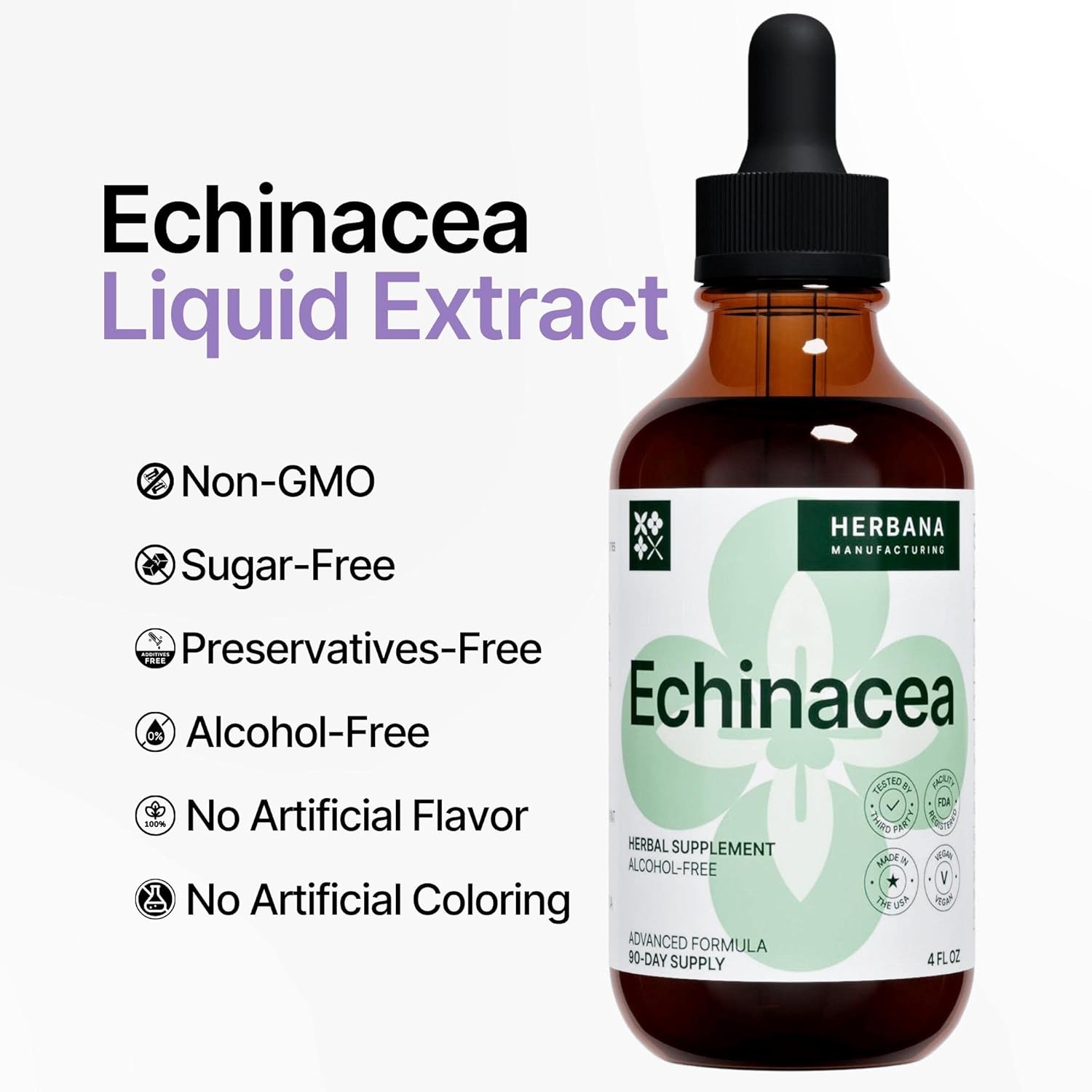 Organic Echinacea Liquid Extract 4 fl oz - Herbal Supplement for Immune Support - High Potency Tincture - 90-Day Supply