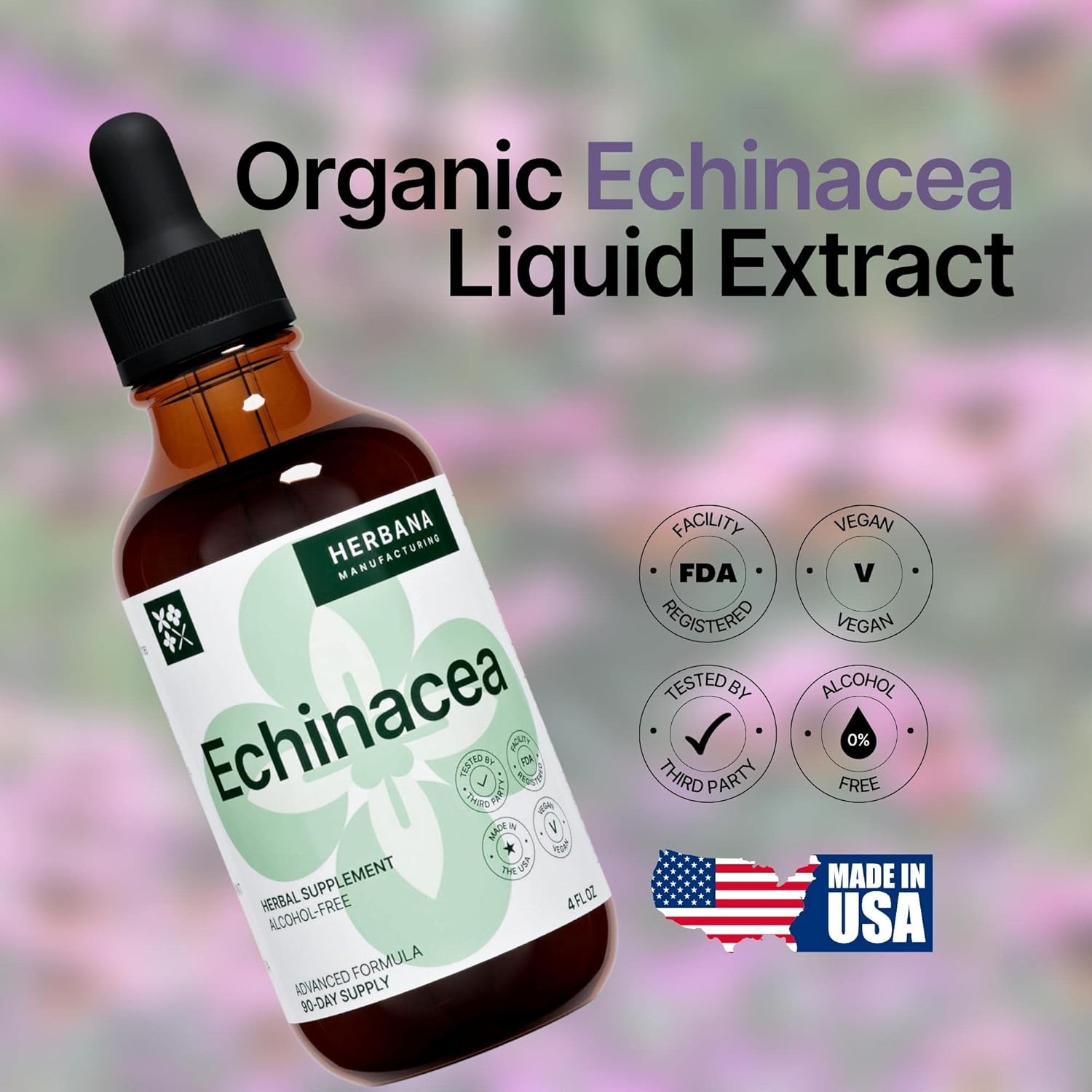 Organic Echinacea Liquid Extract 4 fl oz - Herbal Supplement for Immune Support - High Potency Tincture - 90-Day Supply