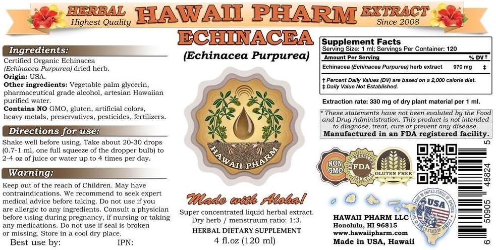 Organic Echinacea Liquid Extract Tincture Supplement - 4 oz by Hawaii Pharm