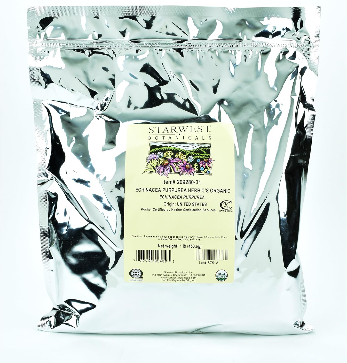Organic Echinacea Purpurea Herb C/S - 1 Pound by Starwest Botanicals