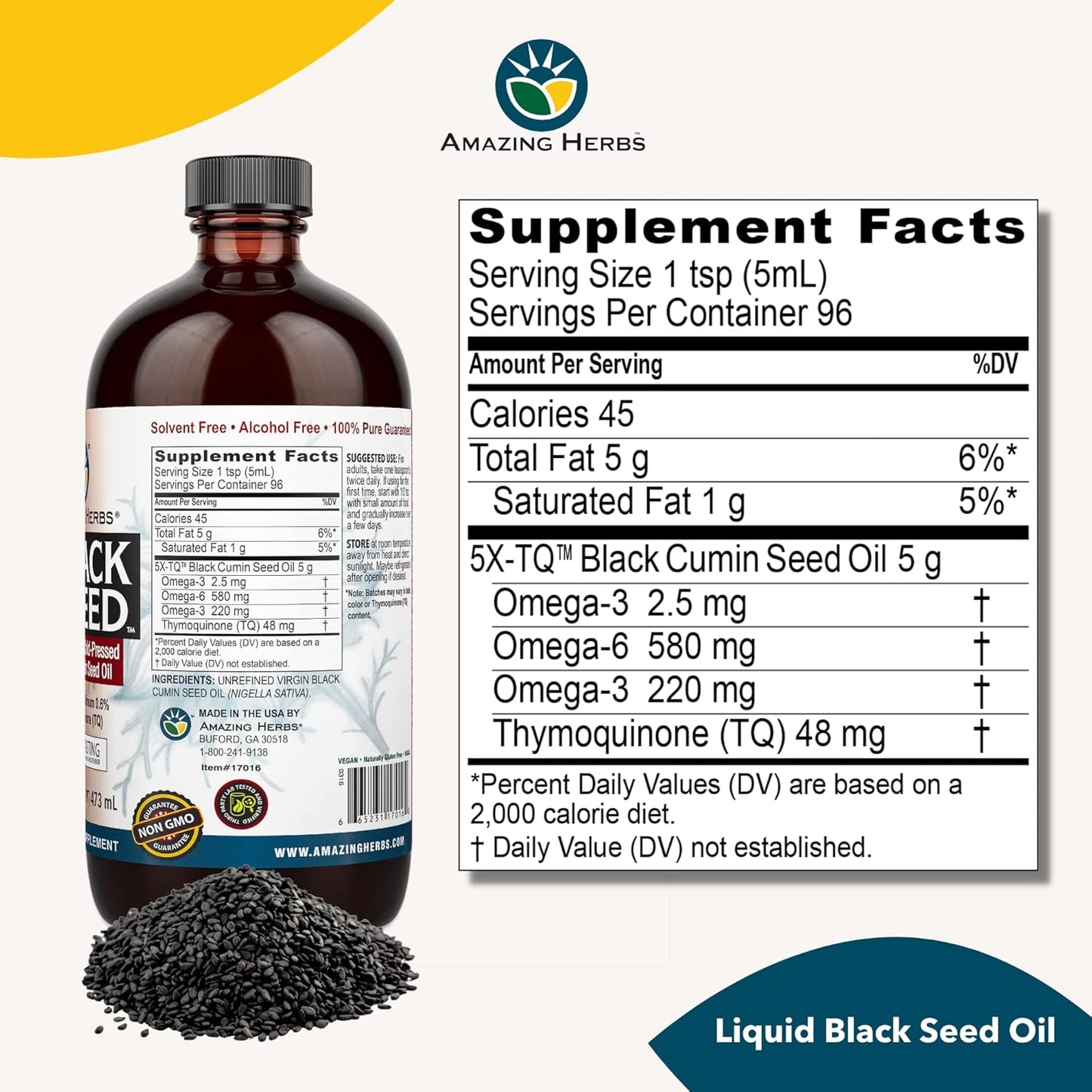Organic Egyptian Black Seed Oil 16 Fl Oz - Cold Pressed Nigella Sativa for Digestive Health, Immune Support, Brain Function - Gluten Free, Non GMO, Mild Flavor