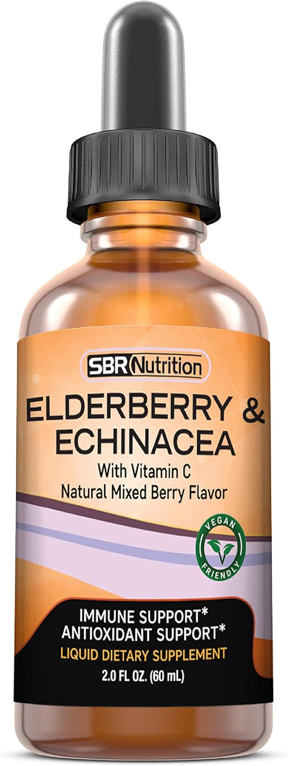 Organic Elderberry and Echinacea Immune Support Liquid Supplement with Vitamin C - Vegan Sambucus Extract Booster for Adults - 2oz