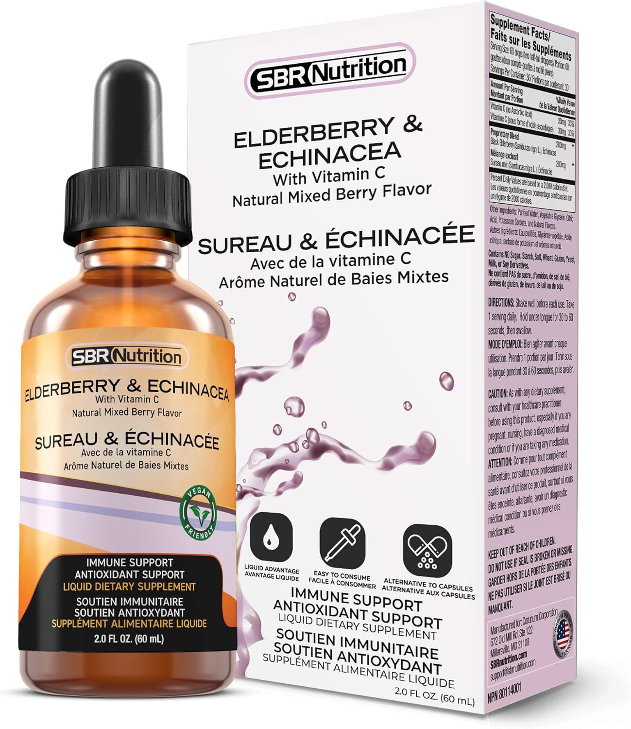 Organic Elderberry and Echinacea Immune Support Liquid Supplement with Vitamin C - Vegan Sambucus Extract Booster for Adults - 2oz