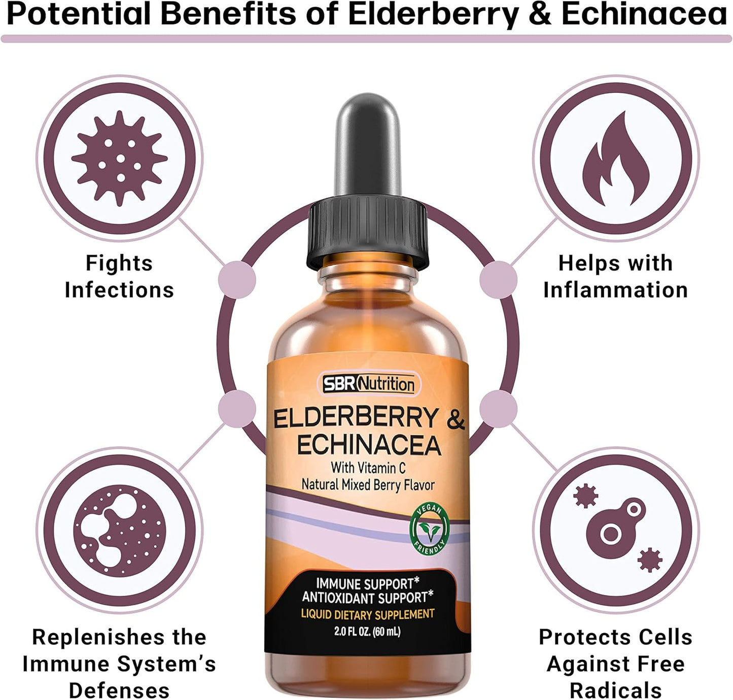 Organic Elderberry and Echinacea Immune Support Liquid Supplement with Vitamin C - Vegan Sambucus Extract Booster for Adults - 2oz