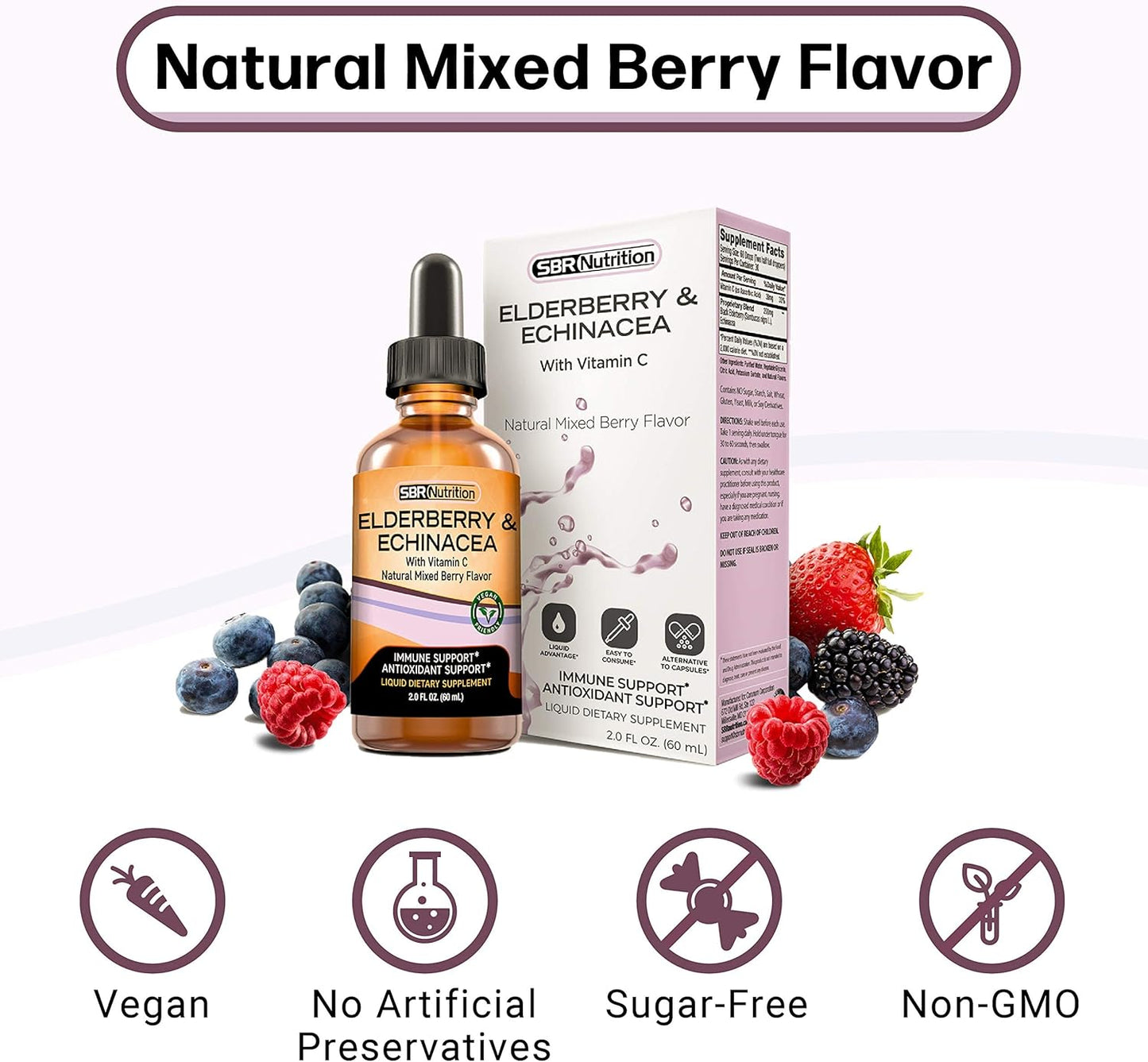 Organic Elderberry and Echinacea Immune Support Liquid Supplement with Vitamin C - Vegan Sambucus Extract Booster for Adults - 2oz
